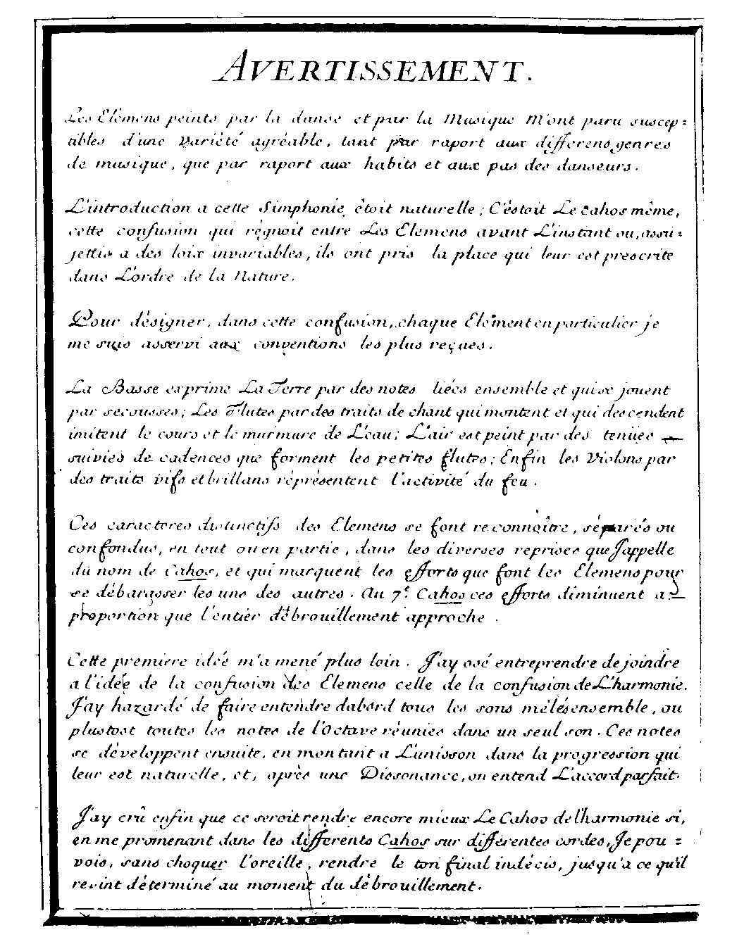 Avertissement aux Elemens, Jean-Fry Rebel, 1737.  Cliquer pour agrandir.