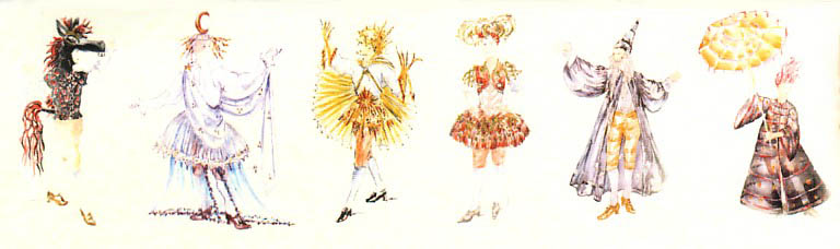 Maquettes des costumes du Ballet de l'Amour Malade, cration de l'Eventail 2004. Olivier Briot.